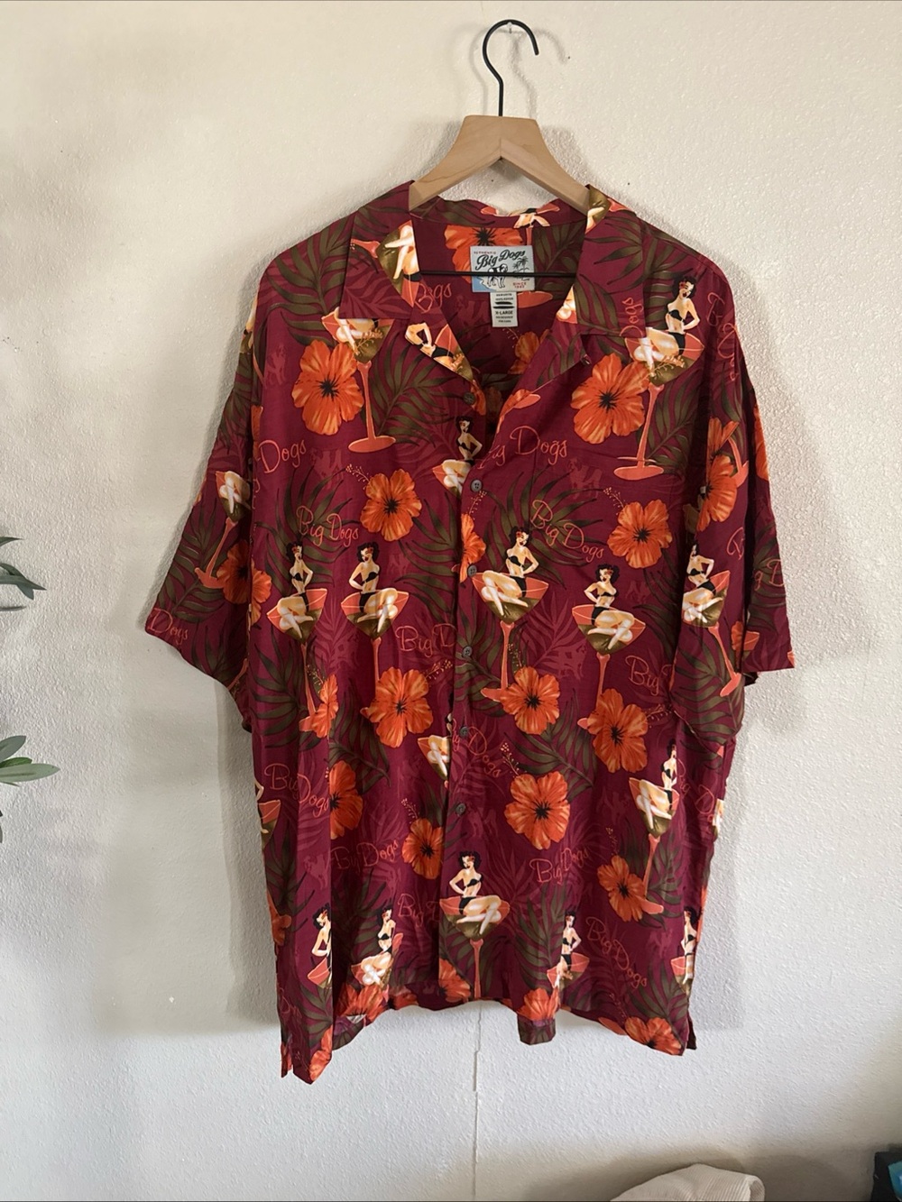 Big Dogs Burgundy Hawaiian Shirt with Orange Floral Print